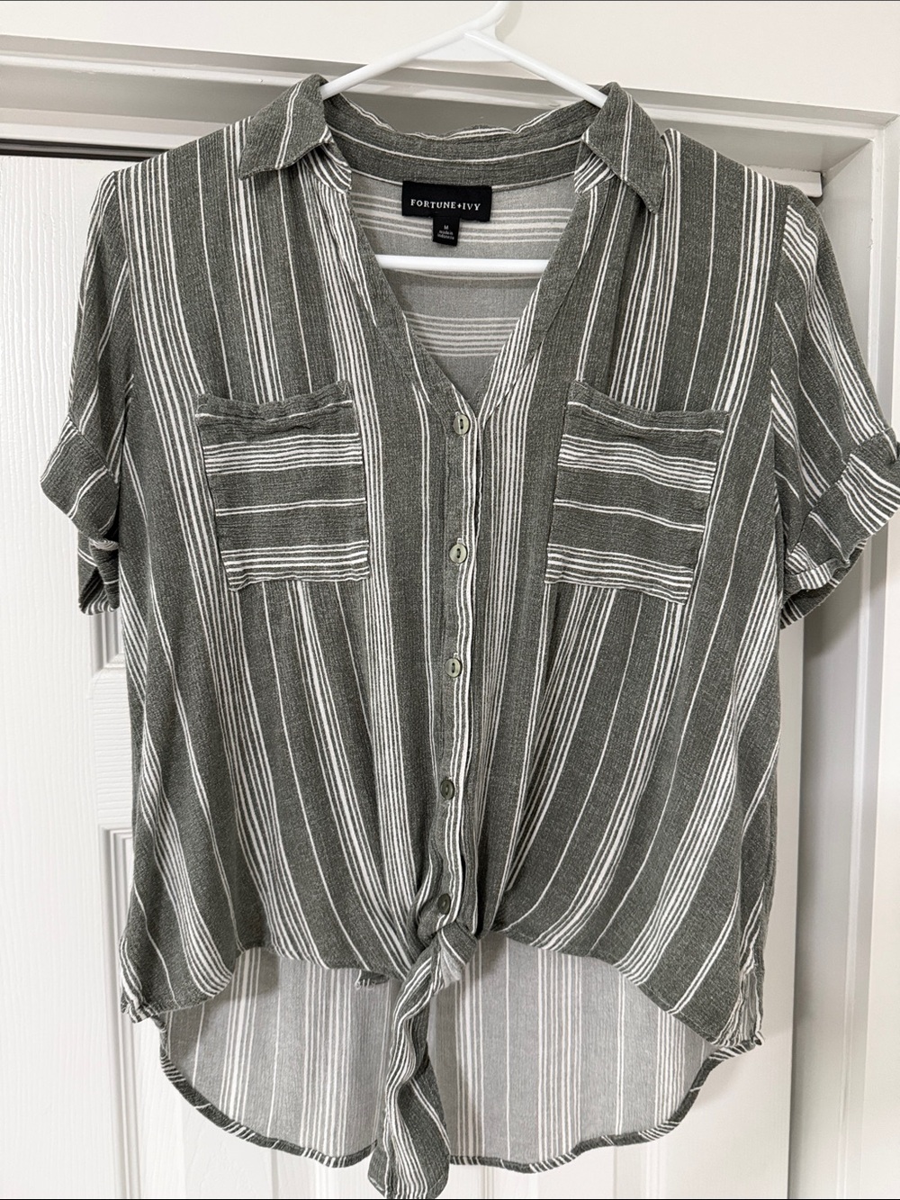 Fortune + Ivy Olive Green Striped Button-Front Tie-Hem Shirt